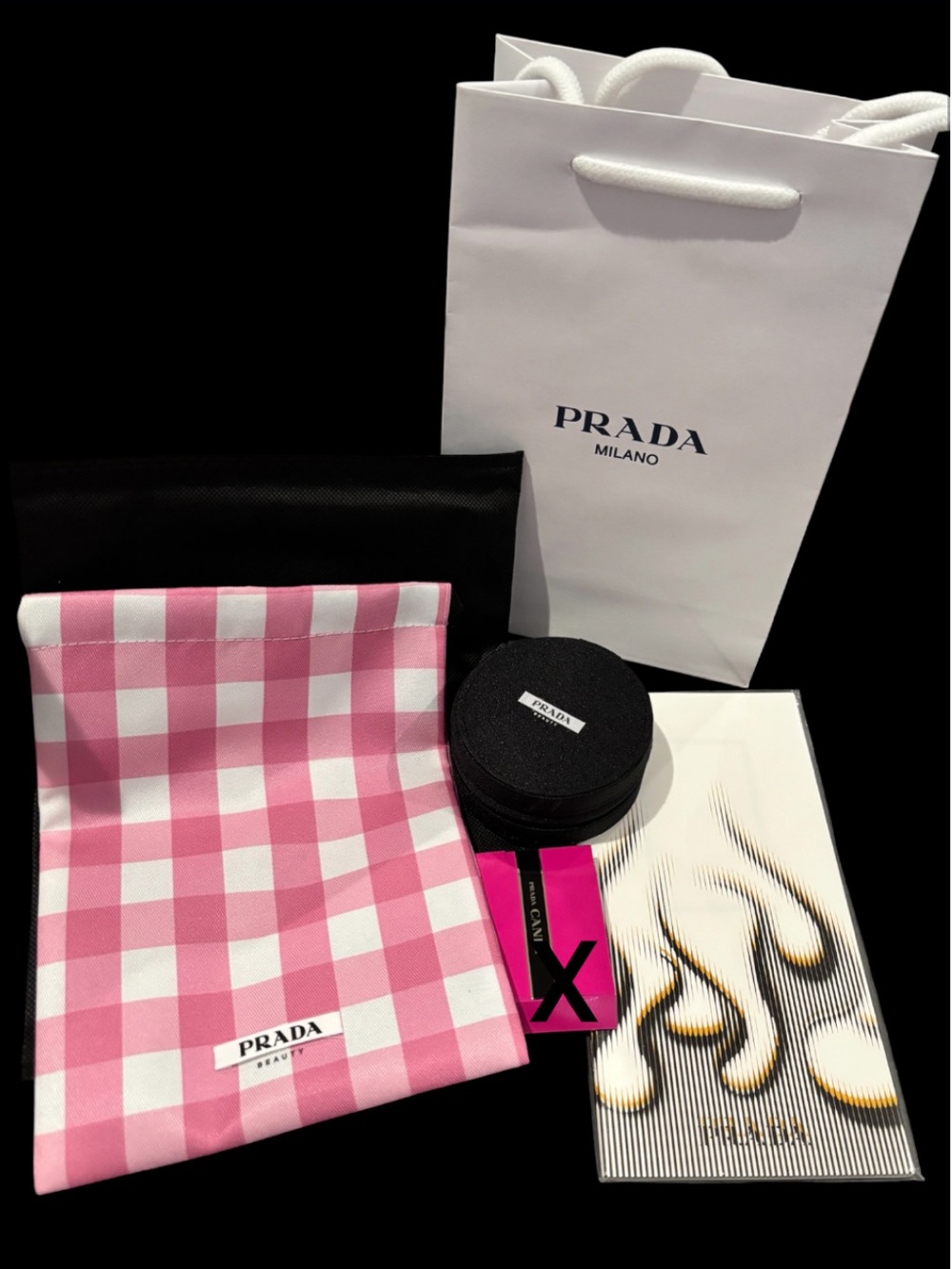 Prada Pink and White Gingham pouch, black case, gift bag, & notebook